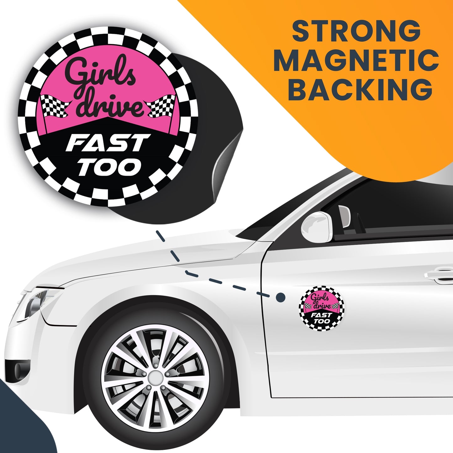 Magnet Me Up Girls Drive Fast Too, 5x5 inch, Pink, Female Race Car Driver, for Car, Truck, SUV or Any Other Magnetic Surface Funny Humorous Gag Gift for Women, Caution, Speed