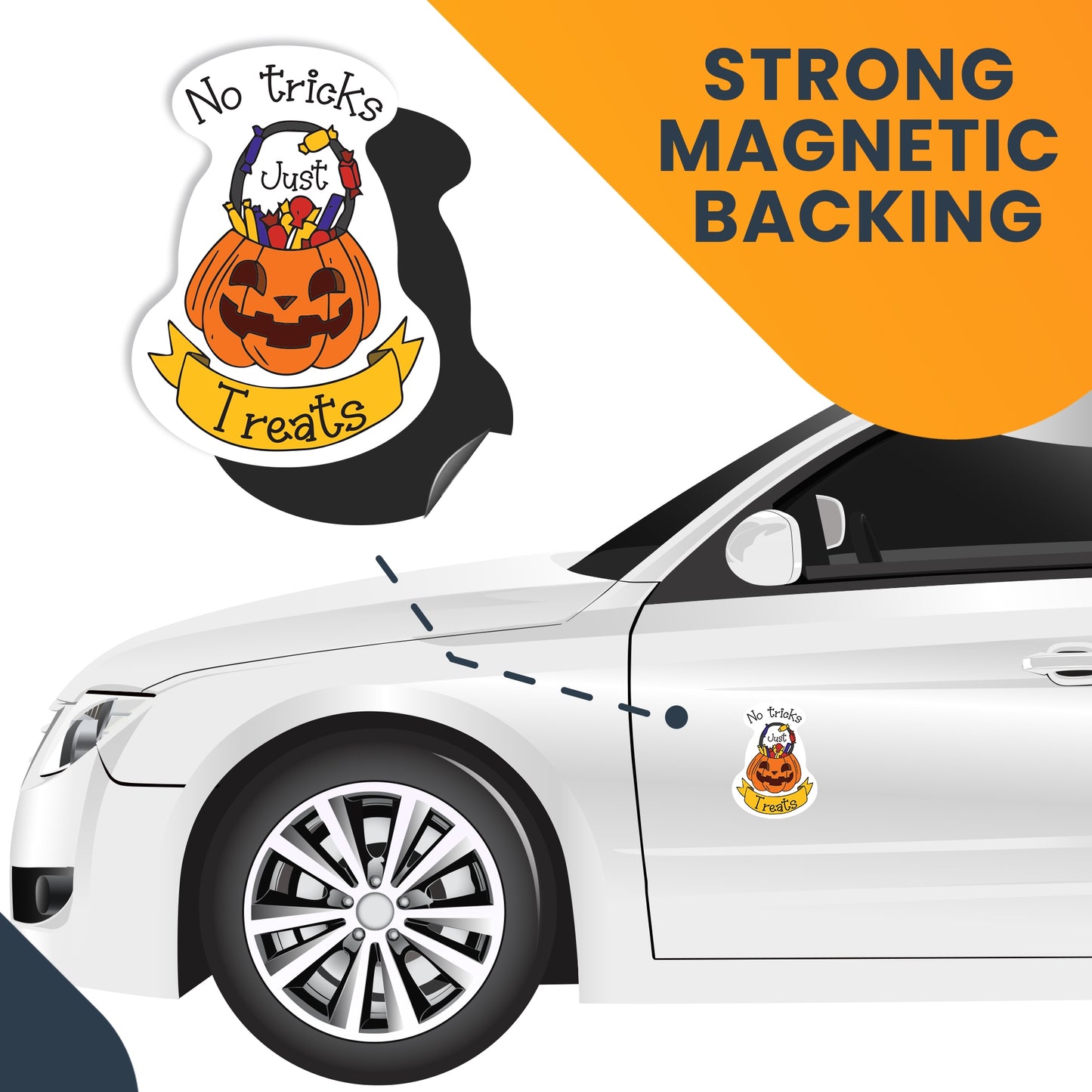 Magnet Me Up Halloween No Tricks Just Treats Spooky Funny Holiday Magnet Decal, 5x3.5 Inches, Heavy Duty Automotive Magnet for Car Truck SUV Or Any Other Magnetic Surface