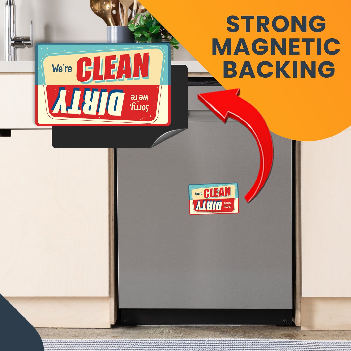 Magnet Me Up Retro Sorry We're Dirty or We're Clean Dishwasher Indicator Magnet Decal, 6x4 Inch, Heavy Duty Waterproof Kitchen Safe Magnet, Red and Blue