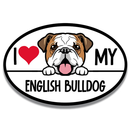I Love My English Bulldog Dog Breed Car Magnet Decal, 4x6 Inches Oval, Decoration for Vehicle, Fridge, and More! Cute Peeking Dog Bumper Magnet