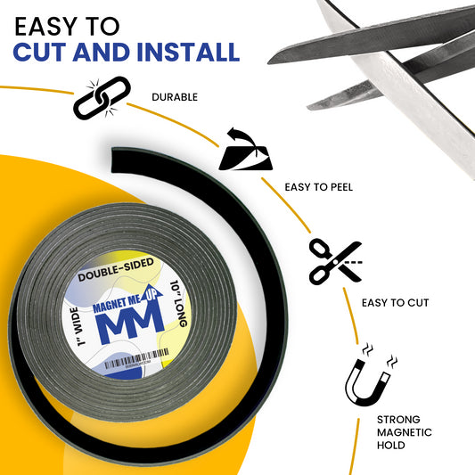 Magnet Me Up Self Adhesive Flexible Double Sided Magnetic Tape, 1 inch Wide, 1/16th inch Thick, 10 ft Long Magnet Roll, Strong Heavy Duty Backing, Used for Crafts, DIY Projects, Organization & More