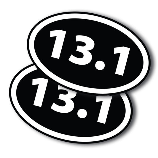 13.1 Half Marathon Inverted Black Oval Runner Adhesive Decal Sticker, 2 Pack, 5.5x3.5 Inch, Heavy Duty Adhesion to Car Window, Bumper, etc