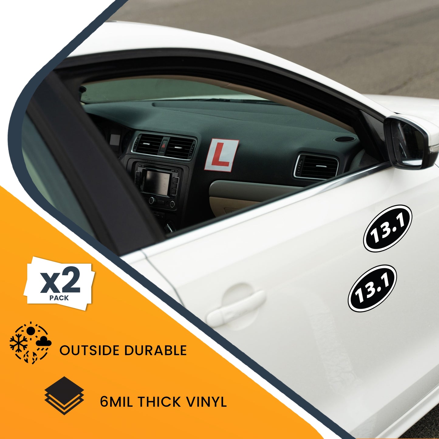 13.1 Half Marathon Inverted Black Oval Runner Adhesive Decal Sticker, 2 Pack, 5.5x3.5 Inch, Heavy Duty Adhesion to Car Window, Bumper, etc