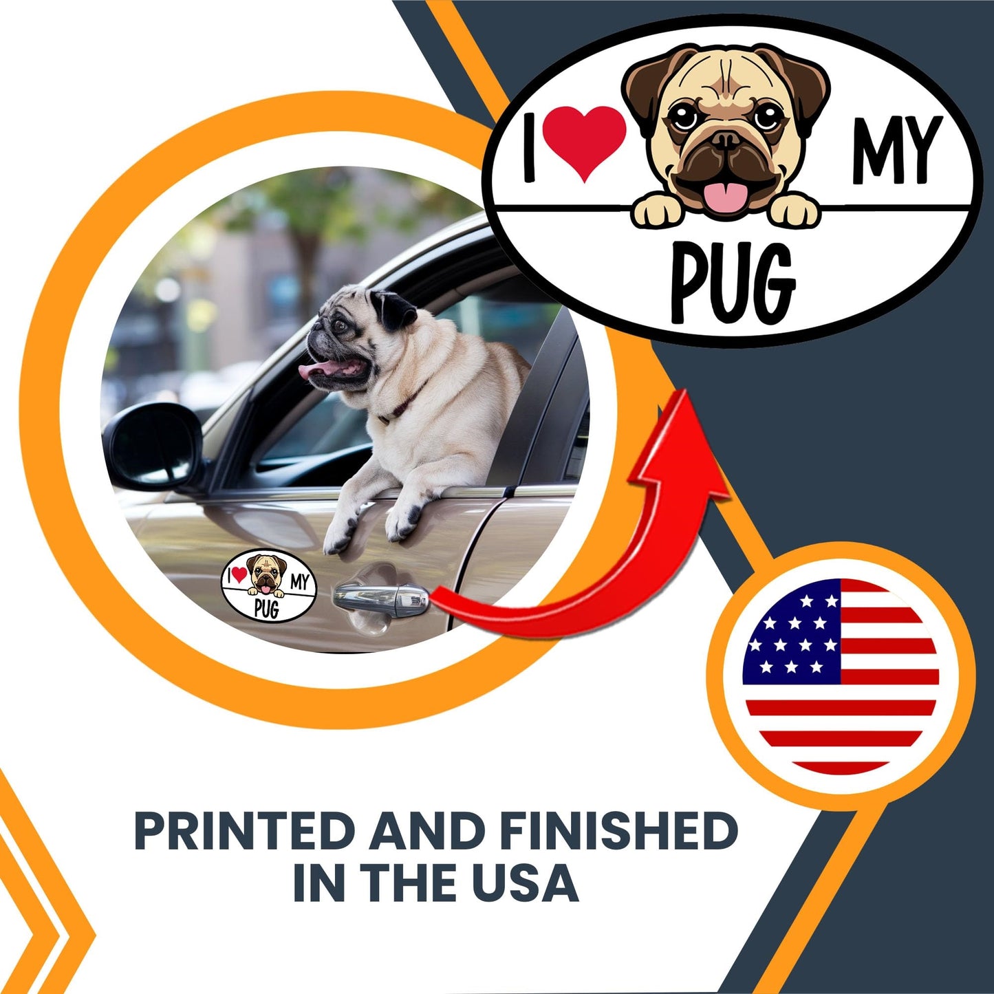 Magnet Me Up I Love My Pug Dog Breed Car Magnet Decal, 4x6 Inches Oval, Decoration for Vehicle, Fridge, and More! Cute Peeking Dog Bumper Magnet