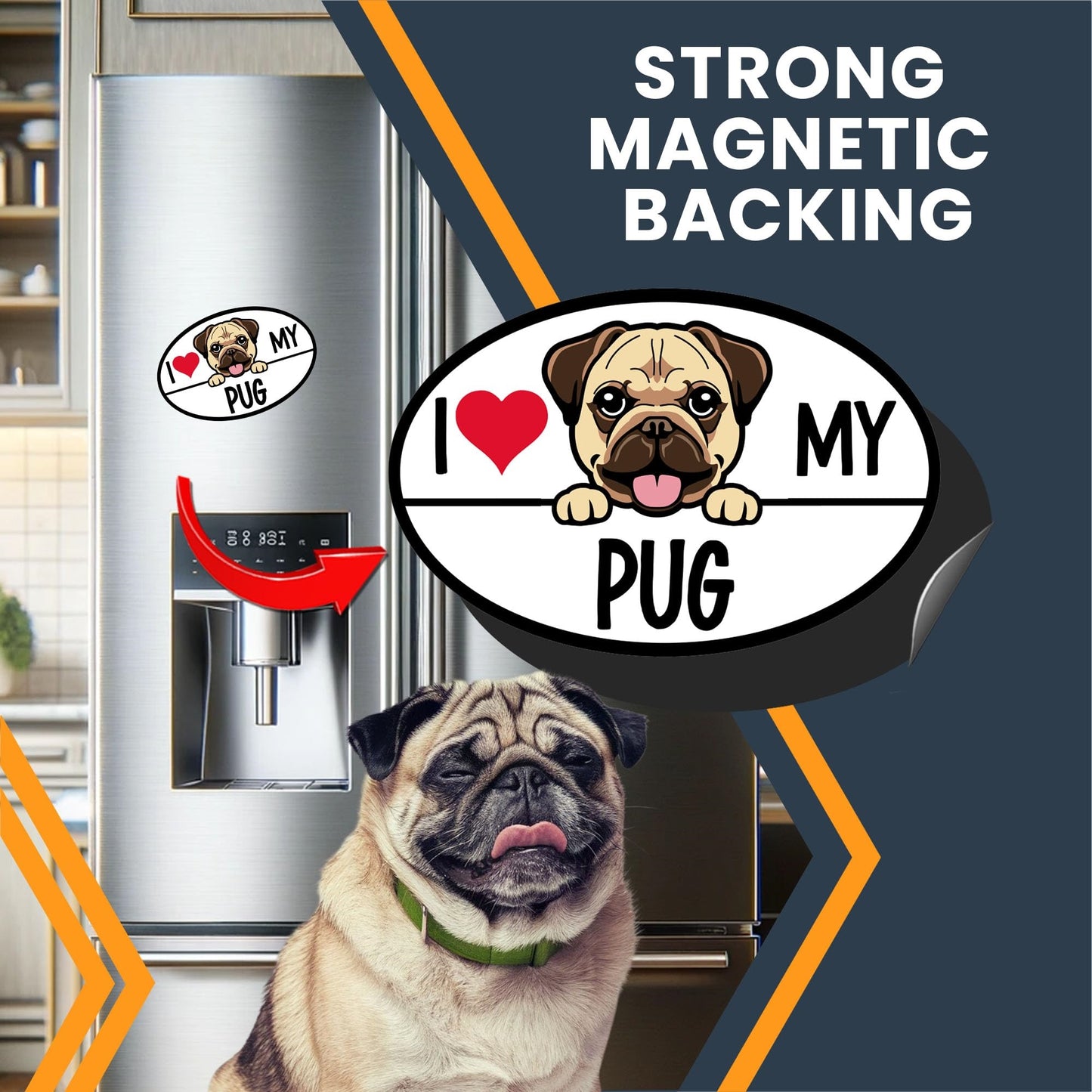Magnet Me Up I Love My Pug Dog Breed Car Magnet Decal, 4x6 Inches Oval, Decoration for Vehicle, Fridge, and More! Cute Peeking Dog Bumper Magnet