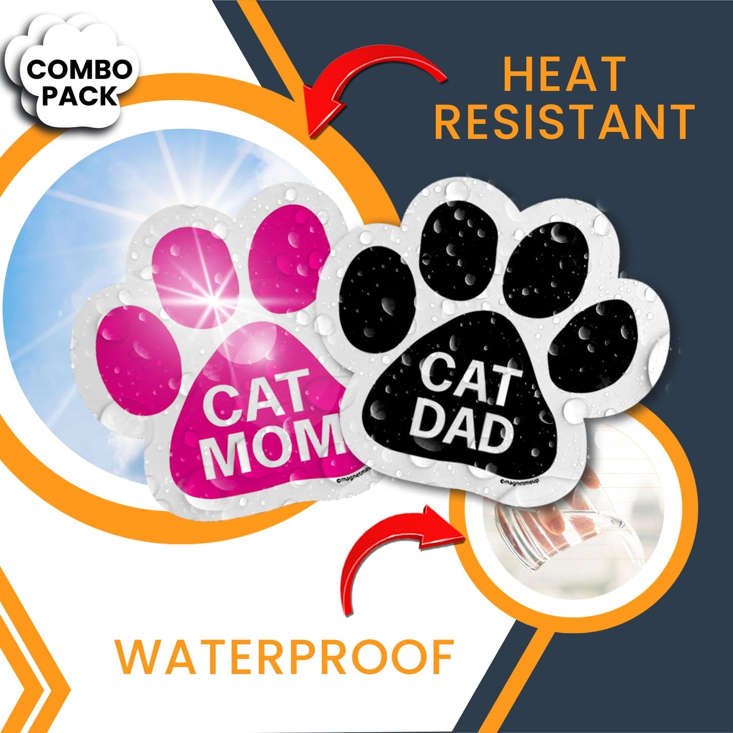 Magnet Me Up Cat Mom & Cat Dad Combo Pack 5-Inch Round Paw Print Bumper Magnet & Decal Set -Full-Color, Weatherproof, Car, Fridge