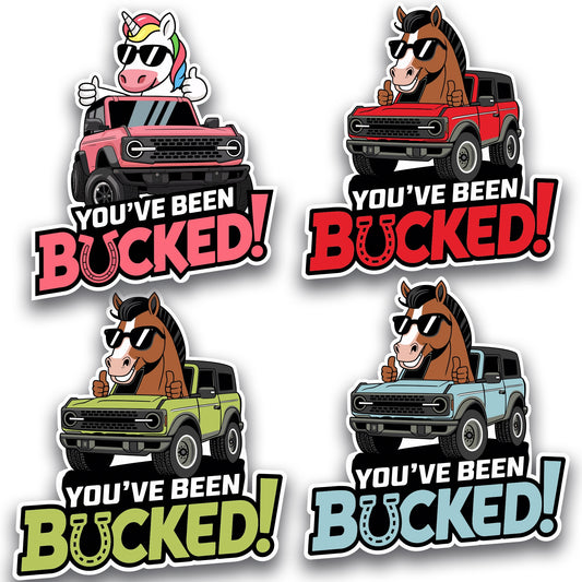 You've Been Bucked Funny Bronco Car Magnet, 4x3.4 inch, 4 Pack, Horse-Themed Twist on Duck Duck Jeep, Off-Road & Equestrian Funny Gift for Bronco Owners, Durable & Weatherproof, Made in The USA