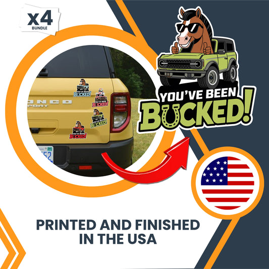 You've Been Bucked Funny Bronco Car Magnet, 4x3.4 inch, 4 Pack, Horse-Themed Twist on Duck Duck Jeep, Off-Road & Equestrian Funny Gift for Bronco Owners, Durable & Weatherproof, Made in The USA