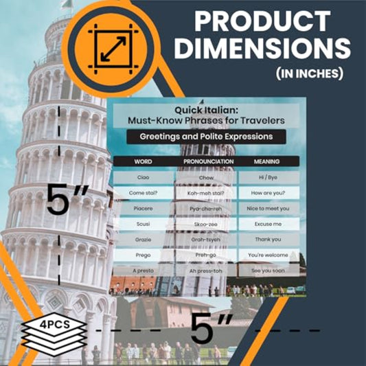 Magnet Me Up Italian Phrases Magnets - Language Learning for Travelers & Souvenir Gift - 5x5 Inches 4 Pack, Full-Color UV Vinyl, for Fridge, Locker