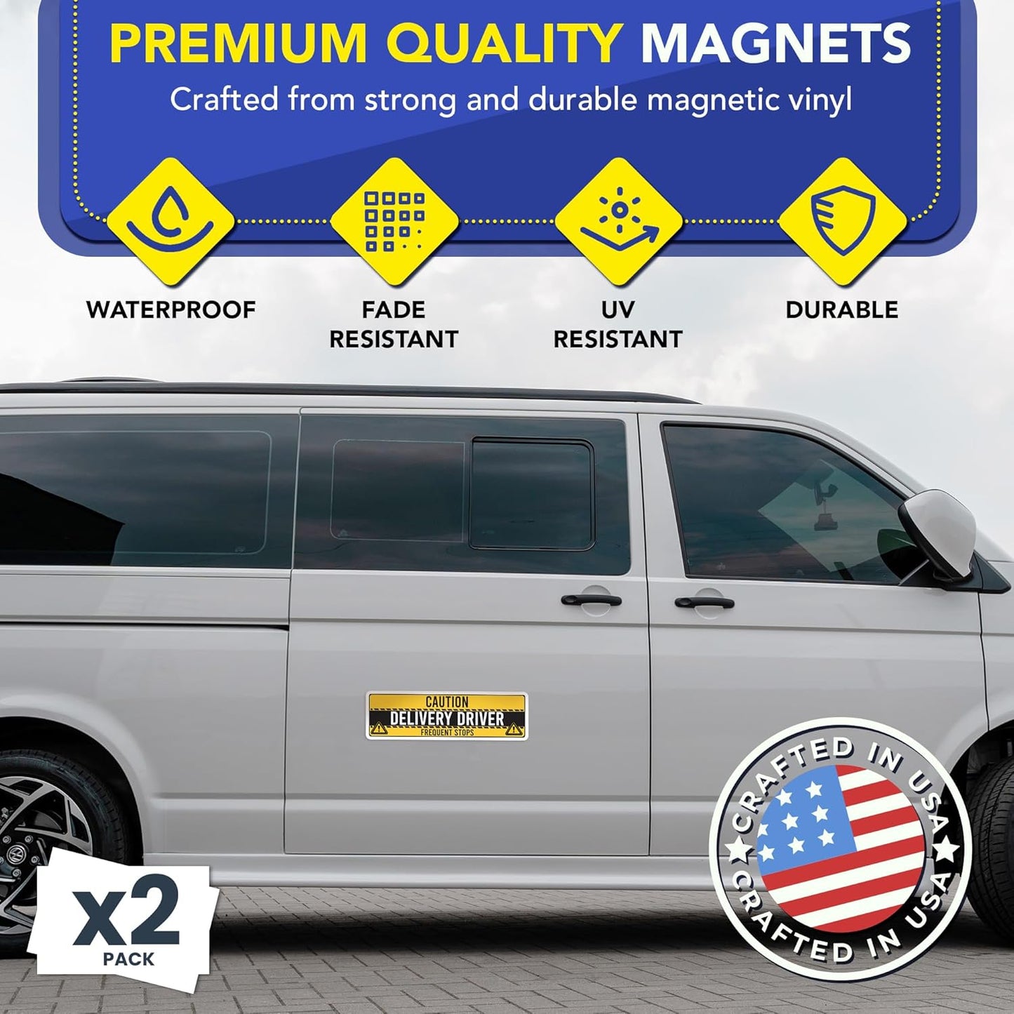 Magnet Me Up Caution Frequent Stops Magnetic Decal - 3x10 Inch 2 Pack, UV Printed Yellow/Black Automotive Vinyl Sign for Car, Delivery Driver Safety Magnet, Durable Weatherproof Accessory, Made in USA