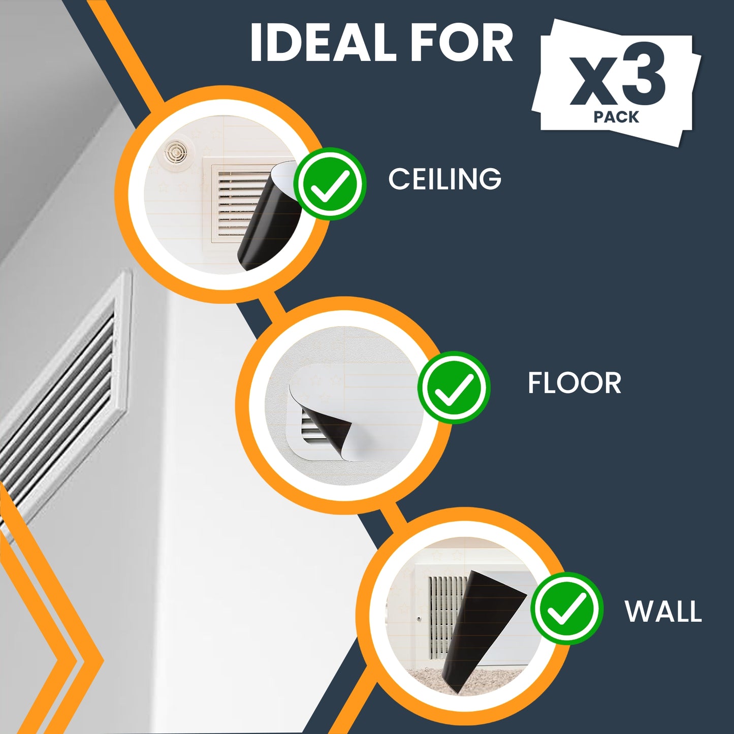 Magnet Me Up Magnetic Vent Cover 13x6 Inch Fits 12x5.5 Vents, 3 Pack, Strong Magnetic Register Cover for Floor, Wall & Ceiling Vents, Reusable HVAC Air Blocker, Cut-to-Fit Trim to Size, Made in USA