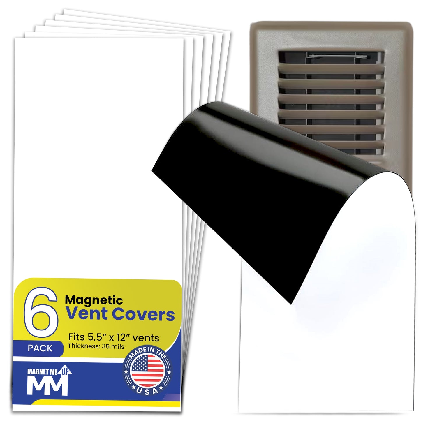 Magnet Me Up Magnetic Vent Cover 13x6 Inch Fits 12x5.5 Vents, 6 Pack, Strong Magnetic Register Cover for Floor, Wall & Ceiling Vents, Reusable HVAC Air Blocker, Cut-to-Fit Trim to Size, Made in USA