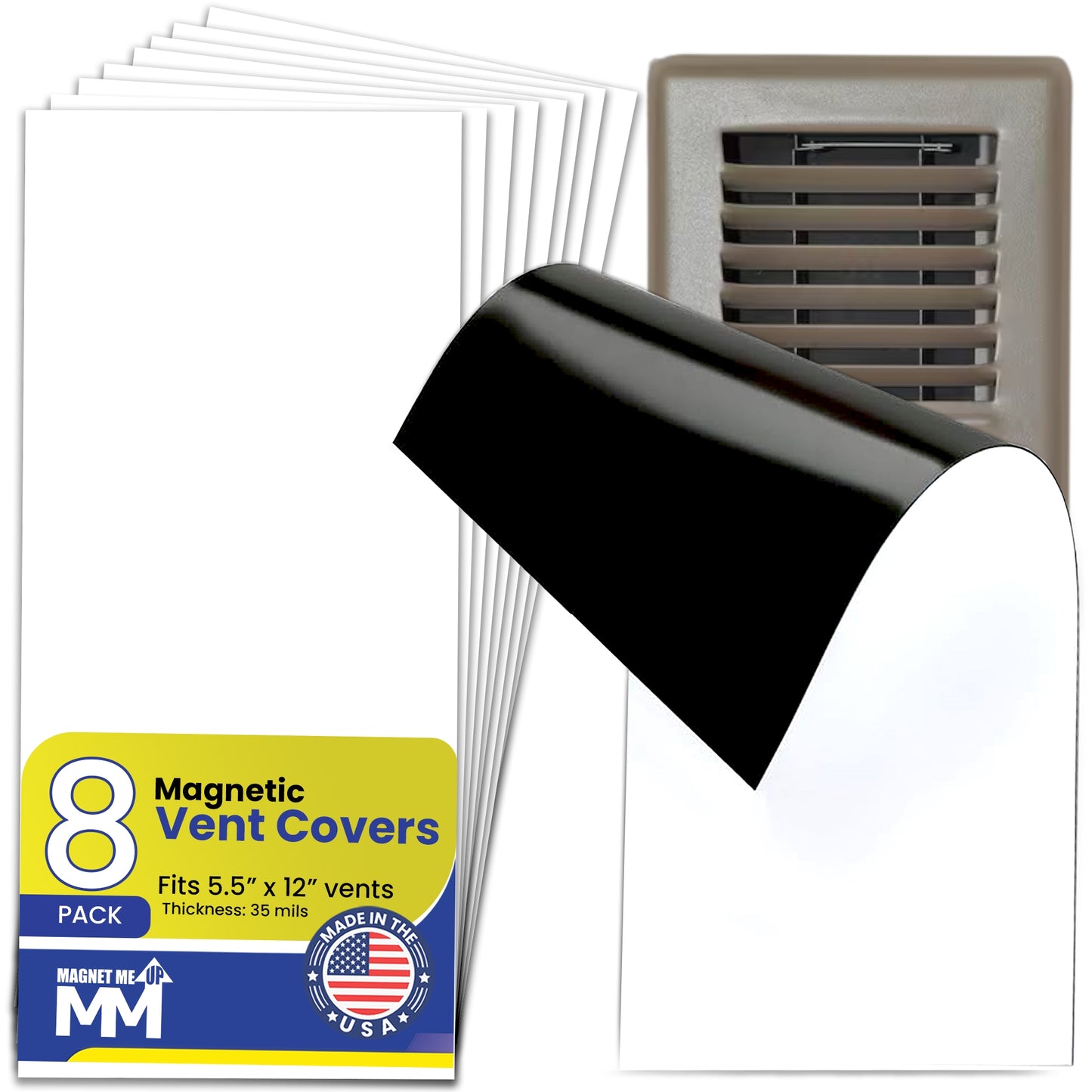 Magnet Me Up Magnetic Vent Cover 13x6 Inch Fits 12x5.5 Vents, 8 Pack, Strong Magnetic Register Cover for Floor, Wall & Ceiling Vents, Reusable HVAC Air Blocker, Cut-to-Fit Trim to Size, Made in USA