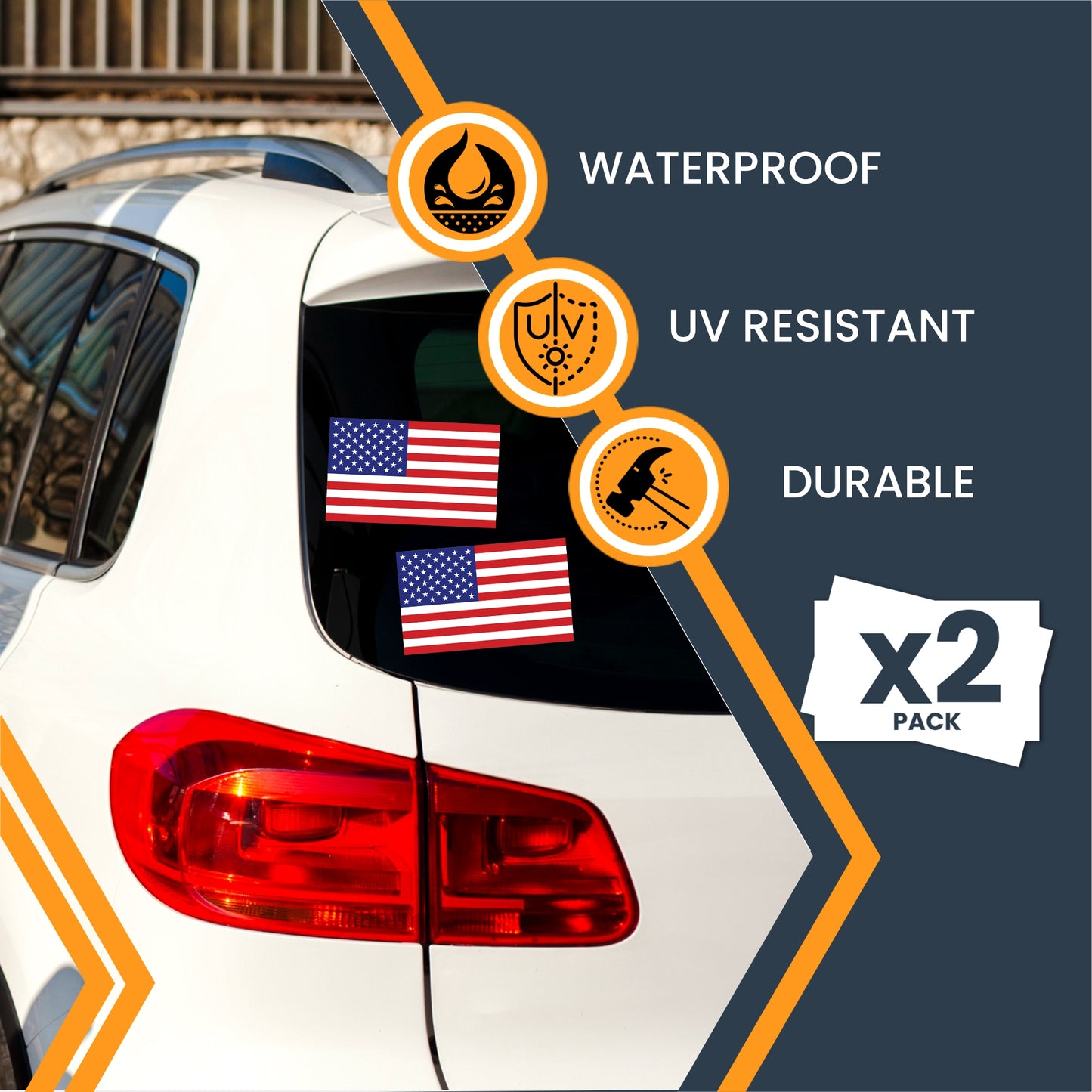 Magnet Me Up USA Patriotic American Flag Adhesive Decal Sticker, 2 Pack, 3x5 Inch, Heavy Duty Adhesion to Car Window, Bumper, etc