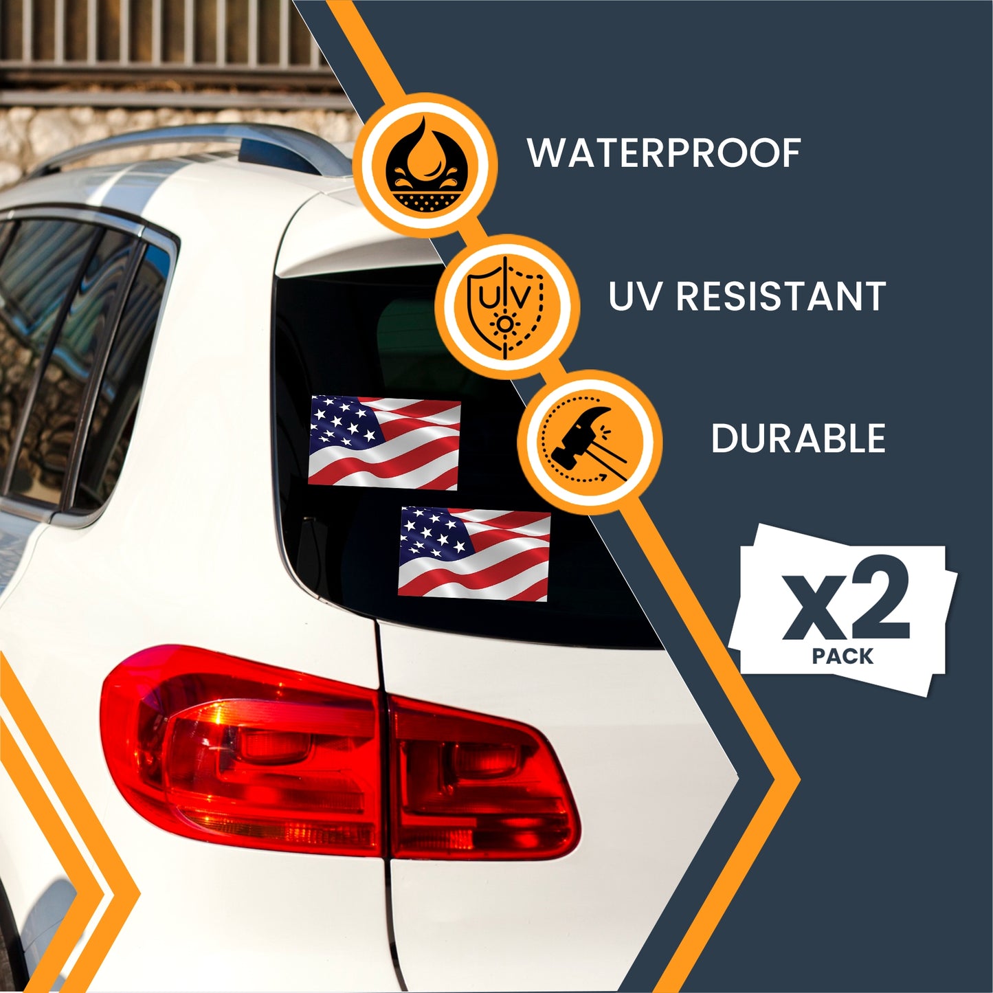Waving American Flag Decal Stickers, 3x5 Inch, 2 Pack, American Fag Decals for Trucks, USA Flag Stickers, Adhesion to Car Window, Bumper