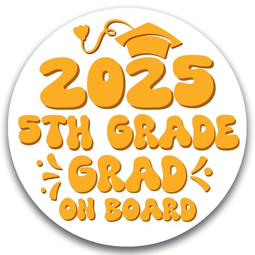 Magnet Me Up 5th Grade Graduation Magnet - 5" Round Class of 2025 Grad On Board Sign Gift, Car Magnet, White and Yellow - Full-Color UV Printed, Weatherproof, Made in The USA - Graduation Car Decor