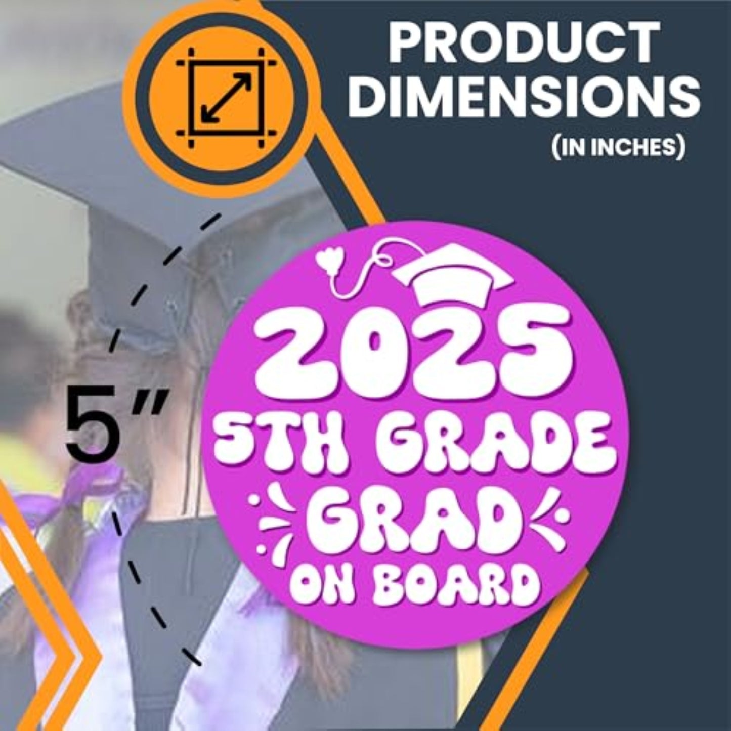 Magnet Me Up 5th Grade Graduation Magnet - 5" Round Class of 2025 Grad On Board Sign Gift, Car Magnet in Pink and White - Full-Color UV Printed, Weatherproof, Made in The USA - Graduation Car Decor