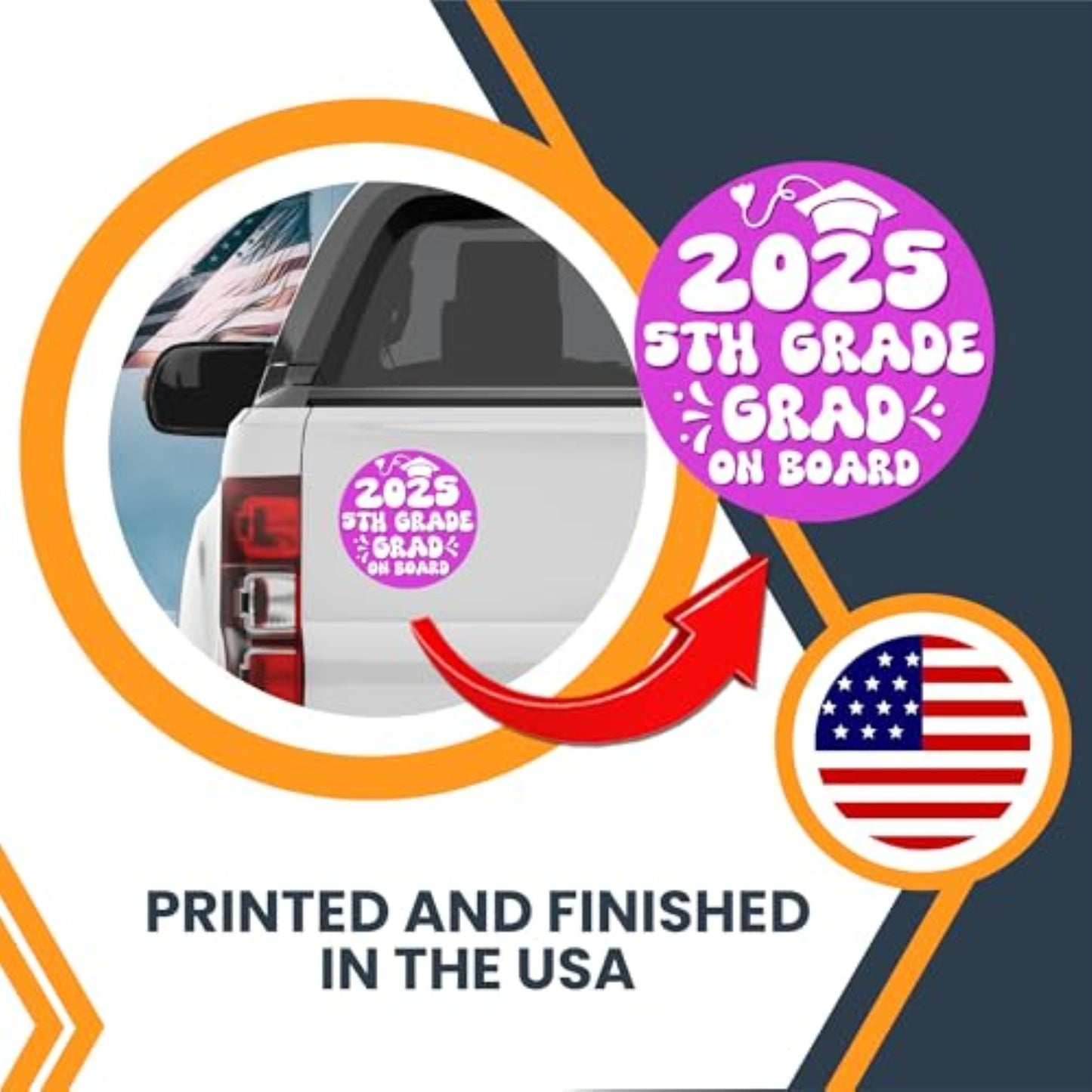 Magnet Me Up 5th Grade Graduation Magnet - 5" Round Class of 2025 Grad On Board Sign Gift, Car Magnet in Pink and White - Full-Color UV Printed, Weatherproof, Made in The USA - Graduation Car Decor