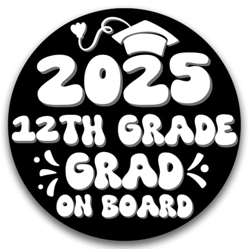 Magnet Me Up 12th Grade Graduation Magnet - 5" Round Class of 2025 Grad On Board Sign Gift, Car Magnet in Black and White - Full-Color UV Printed, Weatherproof, Made in The USA - Graduation Car Decor
