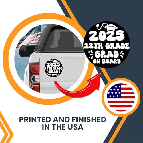 Magnet Me Up 12th Grade Graduation Magnet - 5" Round Class of 2025 Grad On Board Sign Gift, Car Magnet in Black and White - Full-Color UV Printed, Weatherproof, Made in The USA - Graduation Car Decor