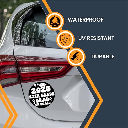 Magnet Me Up 12th Grade Graduation Magnet - 5" Round Class of 2025 Grad On Board Sign Gift, Car Magnet in Black and White - Full-Color UV Printed, Weatherproof, Made in The USA - Graduation Car Decor
