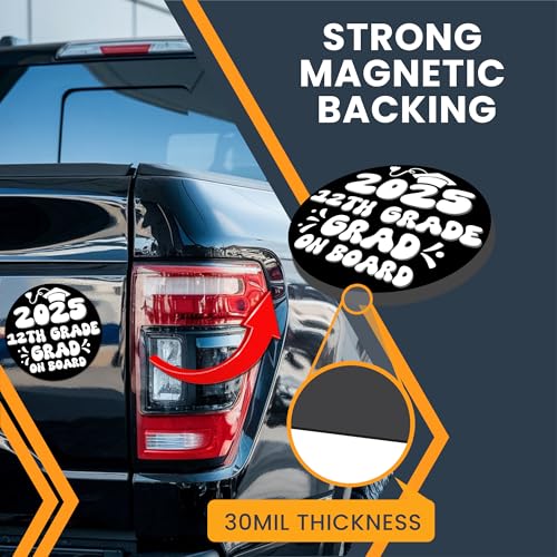 Magnet Me Up 12th Grade Graduation Magnet - 5" Round Class of 2025 Grad On Board Sign Gift, Car Magnet in Black and White - Full-Color UV Printed, Weatherproof, Made in The USA - Graduation Car Decor