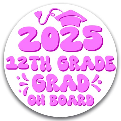 Magnet Me Up 12th Grade Graduation Magnet - 5" Round Class of 2025 Grad On Board Sign Gift, Car Magnet in White and Pink - Full-Color UV Printed, Weatherproof, Made in The USA - Graduation Car Decor