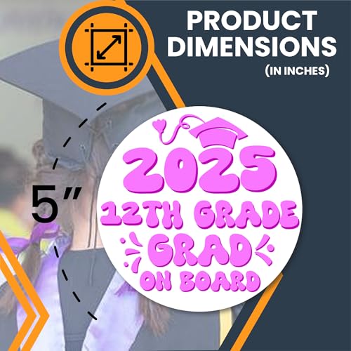 Magnet Me Up 12th Grade Graduation Magnet - 5" Round Class of 2025 Grad On Board Sign Gift, Car Magnet in White and Pink - Full-Color UV Printed, Weatherproof, Made in The USA - Graduation Car Decor