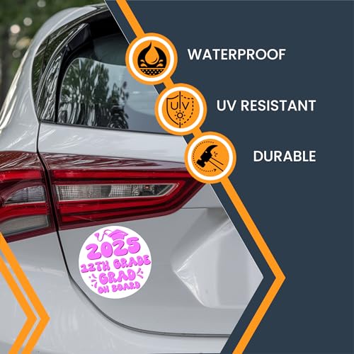 Magnet Me Up 12th Grade Graduation Magnet - 5" Round Class of 2025 Grad On Board Sign Gift, Car Magnet in White and Pink - Full-Color UV Printed, Weatherproof, Made in The USA - Graduation Car Decor