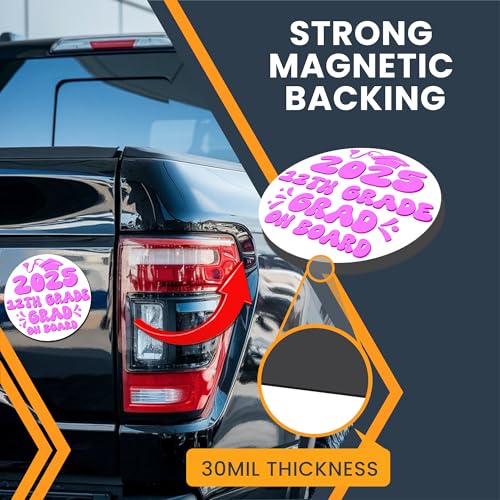 Magnet Me Up 12th Grade Graduation Magnet - 5" Round Class of 2025 Grad On Board Sign Gift, Car Magnet in White and Pink - Full-Color UV Printed, Weatherproof, Made in The USA - Graduation Car Decor