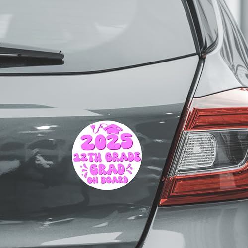 Magnet Me Up 12th Grade Graduation Magnet - 5" Round Class of 2025 Grad On Board Sign Gift, Car Magnet in White and Pink - Full-Color UV Printed, Weatherproof, Made in The USA - Graduation Car Decor