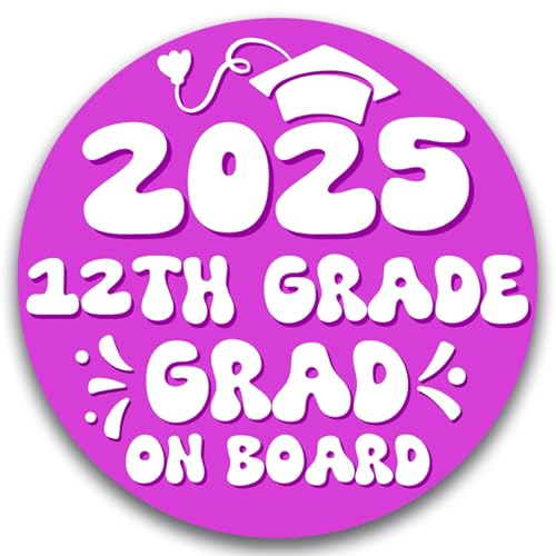 Magnet Me Up 12th Grade Graduation Magnet - 5" Round Class of 2025 Grad On Board Sign Gift, Car Magnet in Pink and White - Full-Color UV Printed, Weatherproof, Made in The USA - Graduation Car Decor