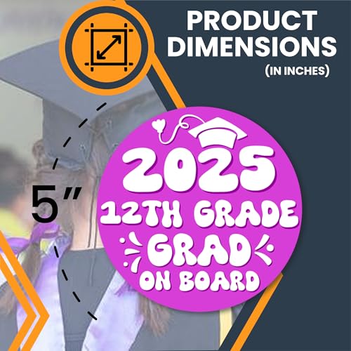Magnet Me Up 12th Grade Graduation Magnet - 5" Round Class of 2025 Grad On Board Sign Gift, Car Magnet in Pink and White - Full-Color UV Printed, Weatherproof, Made in The USA - Graduation Car Decor