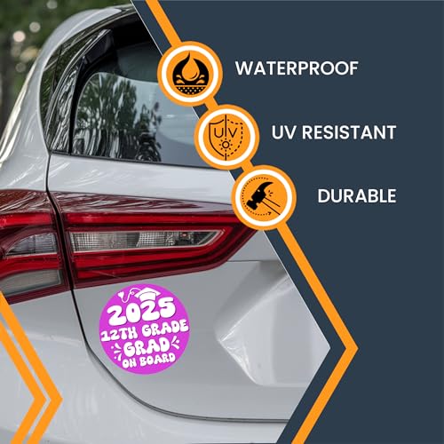 Magnet Me Up 12th Grade Graduation Magnet - 5" Round Class of 2025 Grad On Board Sign Gift, Car Magnet in Pink and White - Full-Color UV Printed, Weatherproof, Made in The USA - Graduation Car Decor