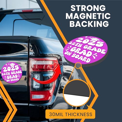 Magnet Me Up 12th Grade Graduation Magnet - 5" Round Class of 2025 Grad On Board Sign Gift, Car Magnet in Pink and White - Full-Color UV Printed, Weatherproof, Made in The USA - Graduation Car Decor