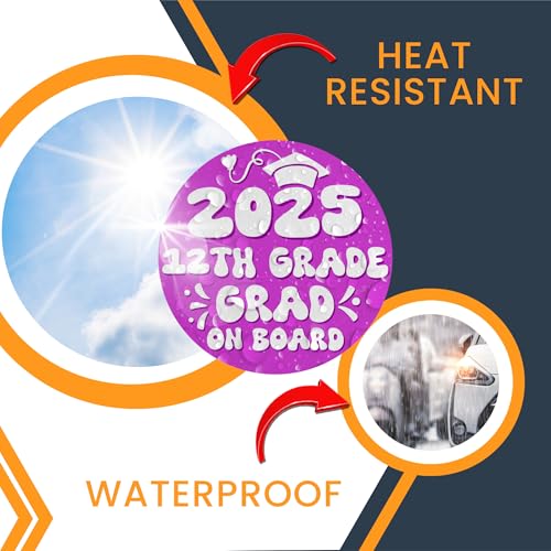 Magnet Me Up 12th Grade Graduation Magnet - 5" Round Class of 2025 Grad On Board Sign Gift, Car Magnet in Pink and White - Full-Color UV Printed, Weatherproof, Made in The USA - Graduation Car Decor