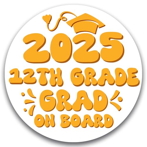 Magnet Me Up 12th Grade Graduation Magnet - 5" Round Class of 2025 Grad On Board Sign Gift, Car Magnet, White and Yellow - Full-Color UV Printed, Weatherproof, Made in The USA - Graduation Car Decor