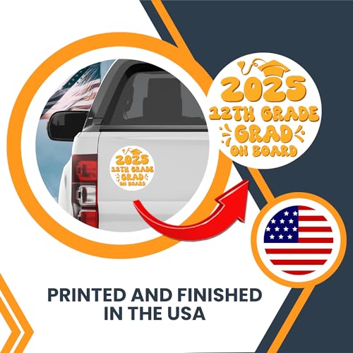 Magnet Me Up 12th Grade Graduation Magnet - 5" Round Class of 2025 Grad On Board Sign Gift, Car Magnet, White and Yellow - Full-Color UV Printed, Weatherproof, Made in The USA - Graduation Car Decor
