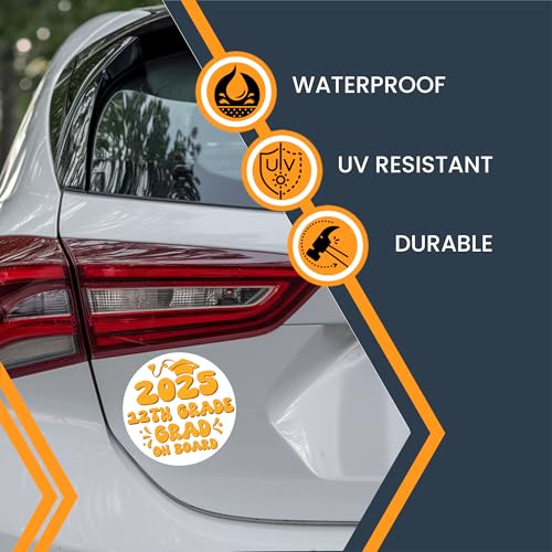 Magnet Me Up 12th Grade Graduation Magnet - 5" Round Class of 2025 Grad On Board Sign Gift, Car Magnet, White and Yellow - Full-Color UV Printed, Weatherproof, Made in The USA - Graduation Car Decor