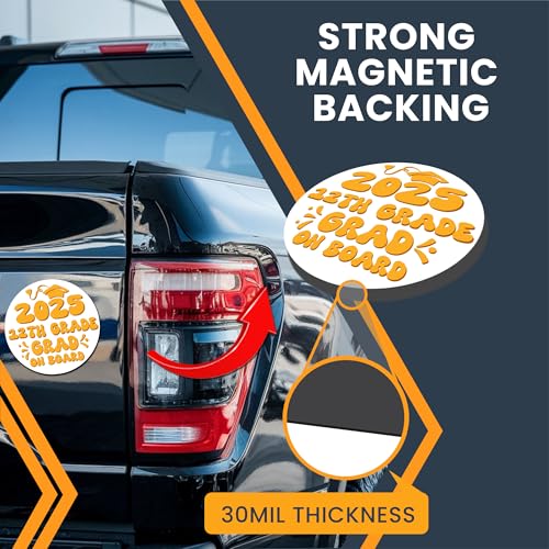 Magnet Me Up 12th Grade Graduation Magnet - 5" Round Class of 2025 Grad On Board Sign Gift, Car Magnet, White and Yellow - Full-Color UV Printed, Weatherproof, Made in The USA - Graduation Car Decor