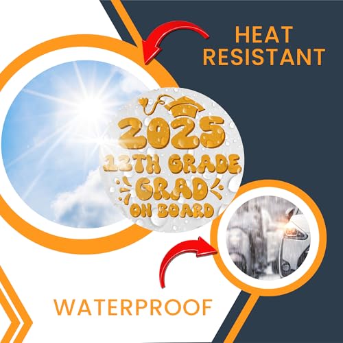 Magnet Me Up 12th Grade Graduation Magnet - 5" Round Class of 2025 Grad On Board Sign Gift, Car Magnet, White and Yellow - Full-Color UV Printed, Weatherproof, Made in The USA - Graduation Car Decor