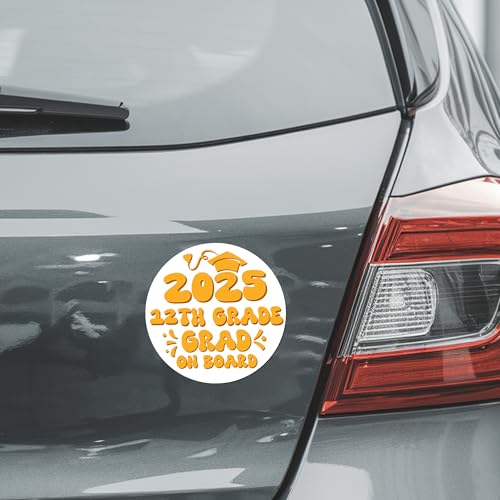 Magnet Me Up 12th Grade Graduation Magnet - 5" Round Class of 2025 Grad On Board Sign Gift, Car Magnet, White and Yellow - Full-Color UV Printed, Weatherproof, Made in The USA - Graduation Car Decor