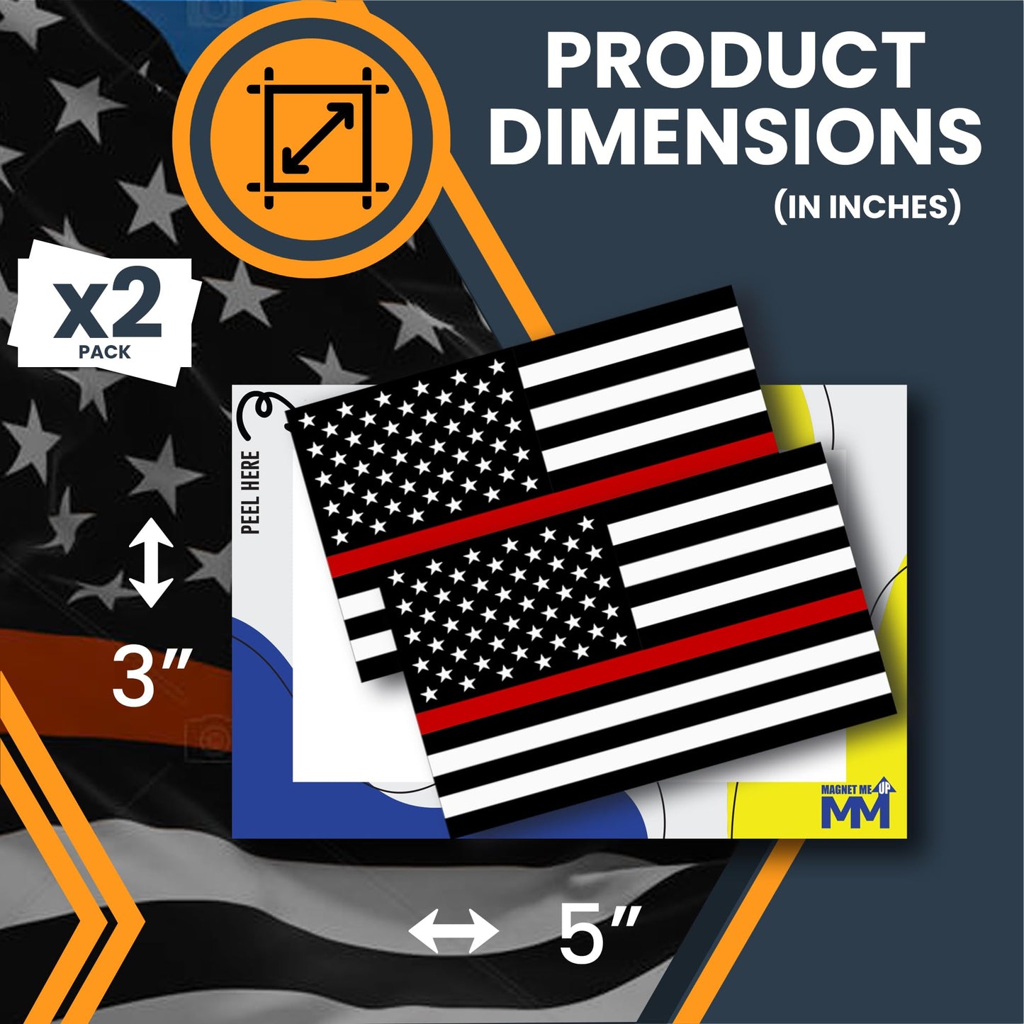 Magnet Me Up Thin Red Line American Flag Adhesive Decal Sticker, 3x5 Inches, 2 Packs, Black, White & Red USA Flag for Firefighter Tribute, Waterproof, for Vehicles, Laptops, & More - Made in USA