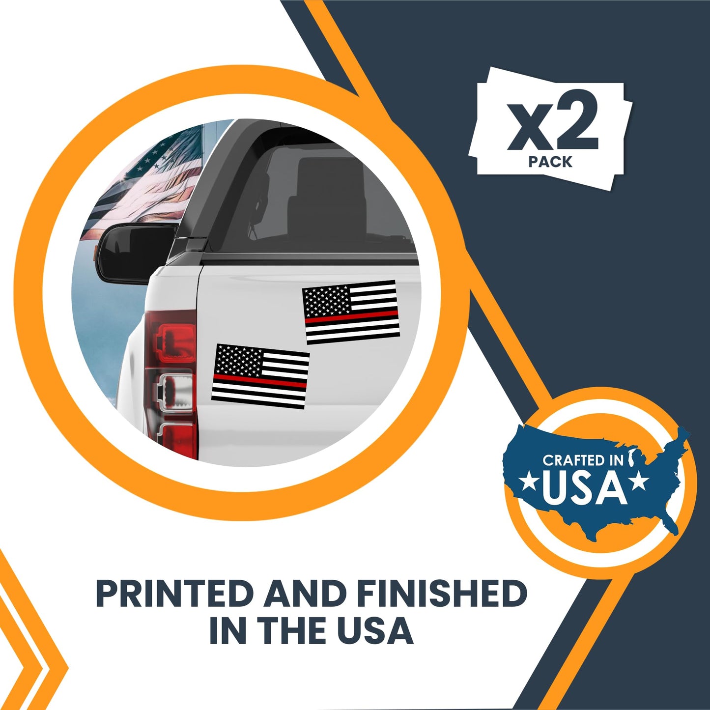 Magnet Me Up Thin Red Line American Flag Adhesive Decal Sticker, 3x5 Inches, 2 Packs, Black, White & Red USA Flag for Firefighter Tribute, Waterproof, for Vehicles, Laptops, & More - Made in USA