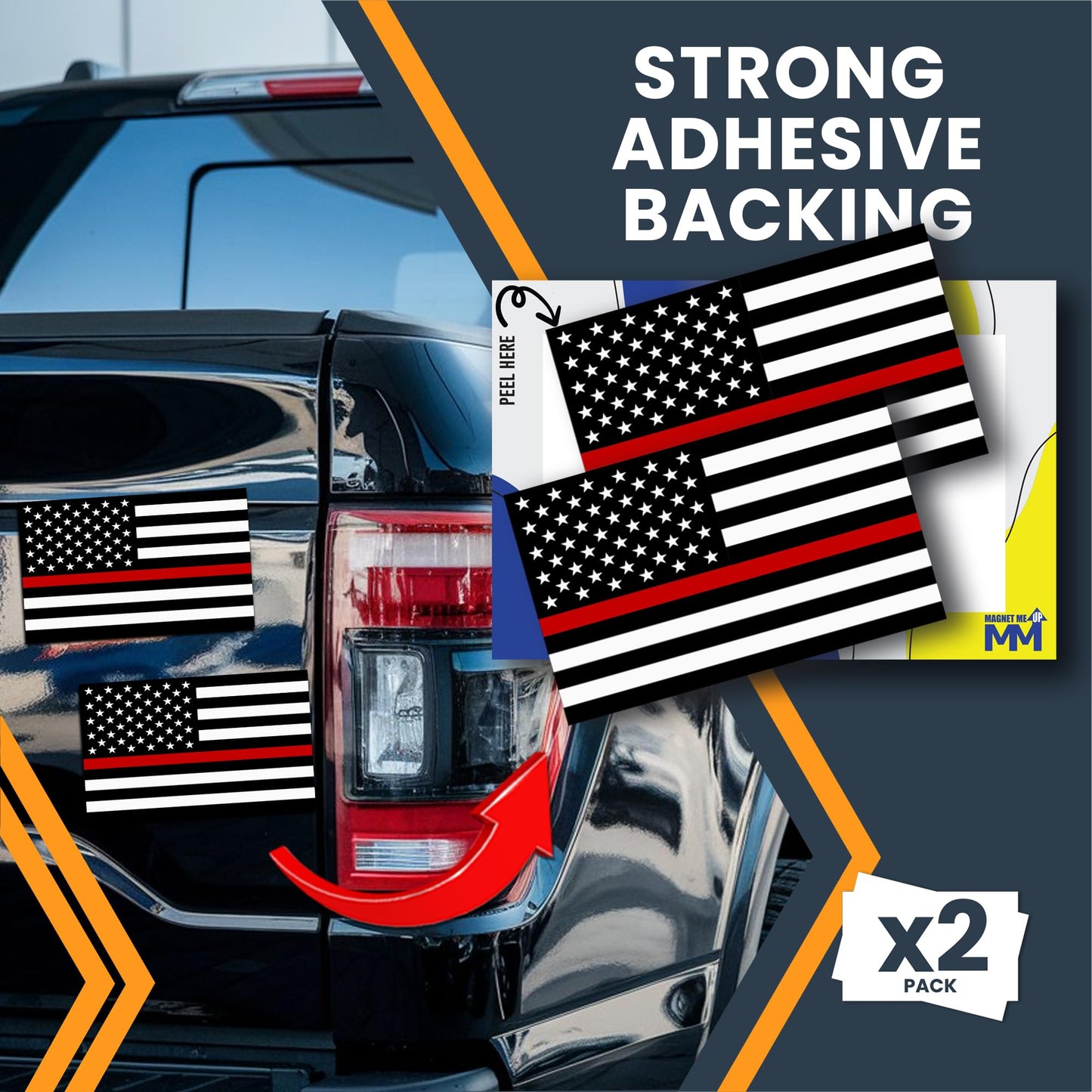 Magnet Me Up Thin Red Line American Flag Adhesive Decal Sticker, 3x5 Inches, 2 Packs, Black, White & Red USA Flag for Firefighter Tribute, Waterproof, for Vehicles, Laptops, & More - Made in USA