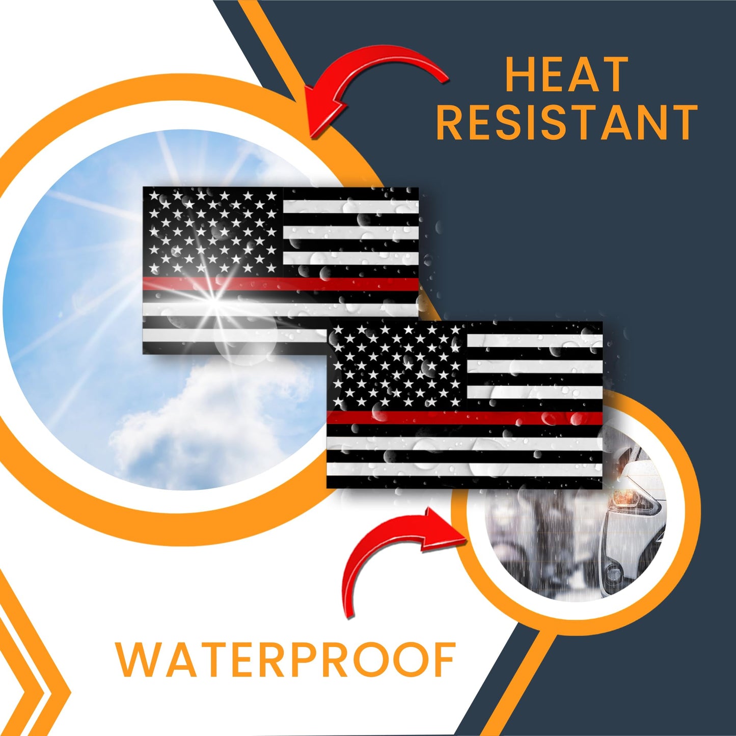 Magnet Me Up Thin Red Line American Flag Adhesive Decal Sticker, 3x5 Inches, 2 Packs, Black, White & Red USA Flag for Firefighter Tribute, Waterproof, for Vehicles, Laptops, & More - Made in USA