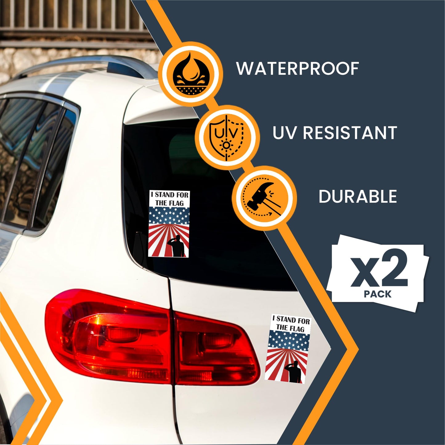 Magnet Me Up I Stand for The Flag Adhesive Decal Sticker, 3x5 Inches, 2 Packs, Red, White, Blue Patriotic Military Support Sticker, Waterproof, for Vehicles, Laptops, & More - Made in USA