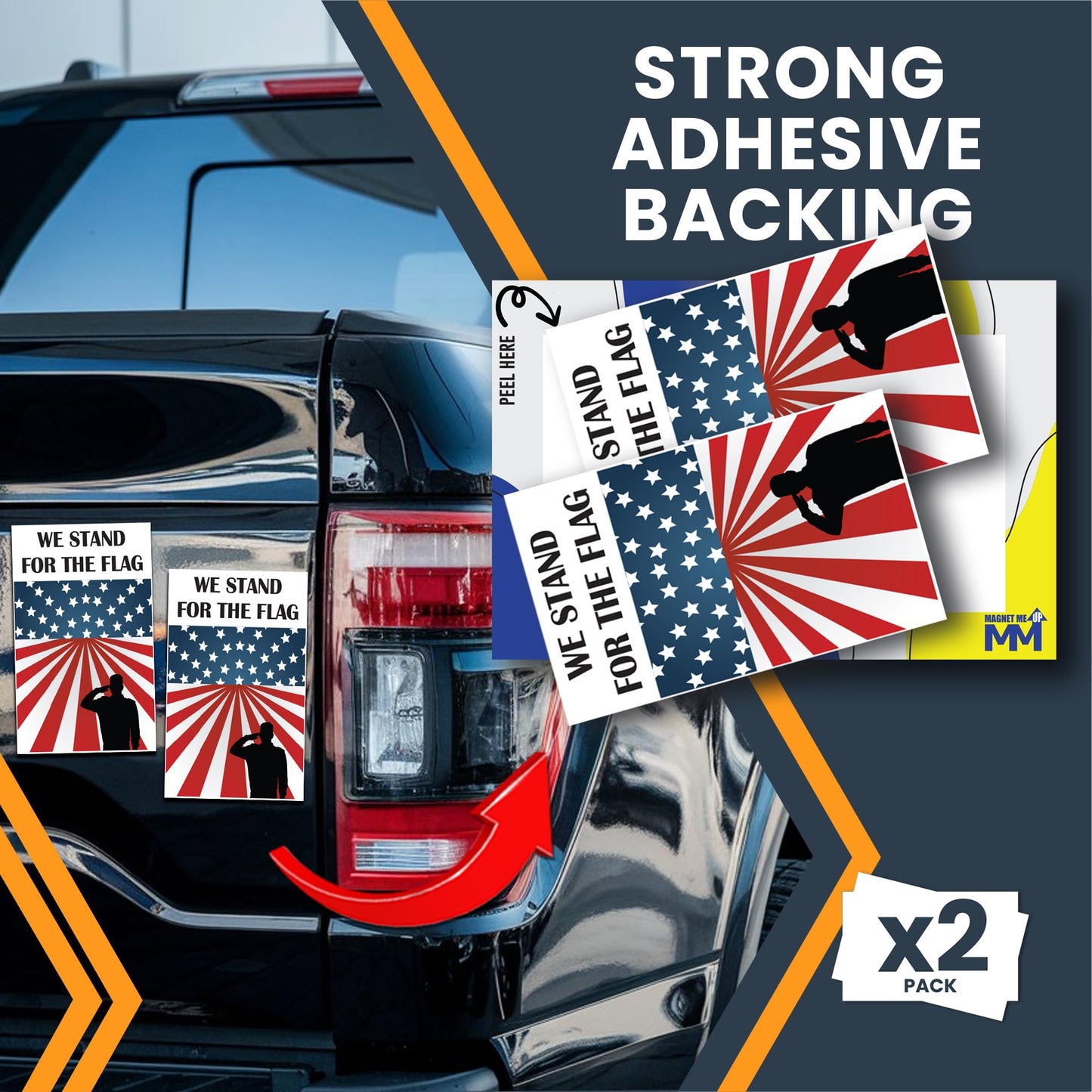 Magnet Me Up We Stand for The Flag Adhesive Decal Sticker, 3x5 Inches, 2 Packs, Red, White, Blue Patriotic Military Support Sticker, Waterproof, for Vehicles, Laptops, & More - Made in USA