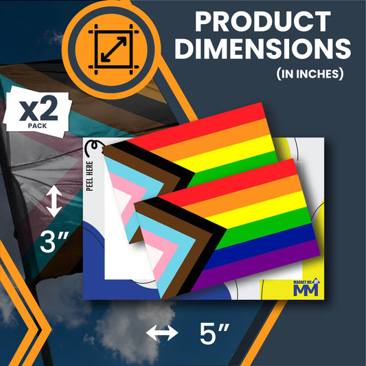 Magnet Me Up Progress Pride Flag Adhesive Decal Sticker, 3x5 Inches, 2 Packs, Inclusive LGBTQ+ Flag with Trans & POC Colors, Waterproof, for Vehicles, Laptops, & More - Made in USA