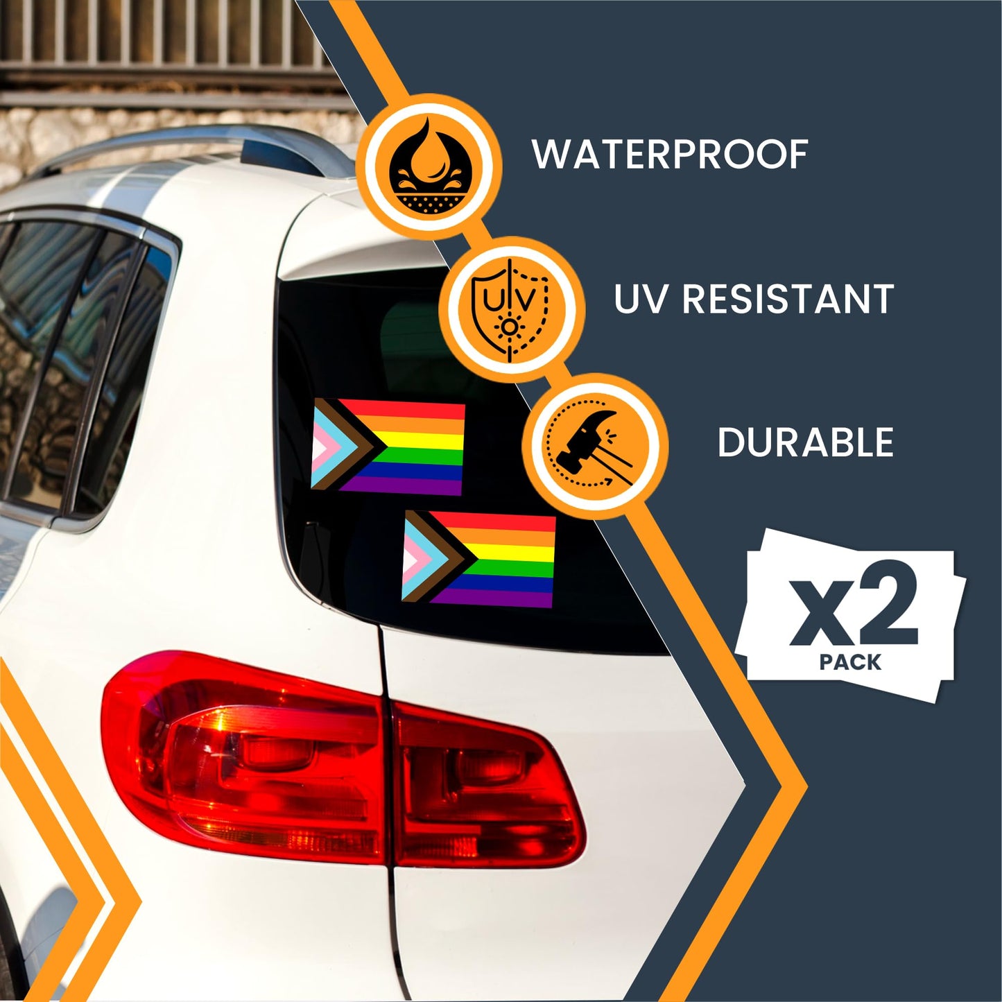 Magnet Me Up Progress Pride Flag Adhesive Decal Sticker, 3x5 Inches, 2 Packs, Inclusive LGBTQ+ Flag with Trans & POC Colors, Waterproof, for Vehicles, Laptops, & More - Made in USA
